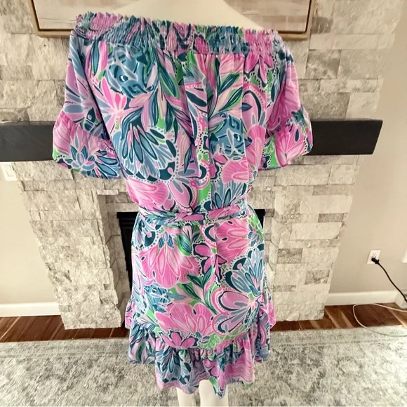 Lilly Pulitzer Off Shoulder Floral Ruffle Mini Dress Pink Blue Belted Size S - Picture 6 of 8
